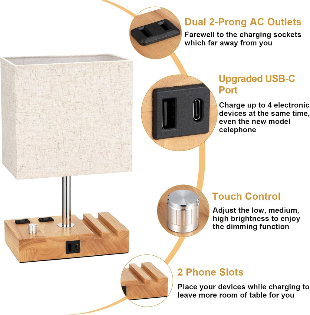 Kakanuo Fully Dimmable Nightstand Lamp for Bedroom with USB C Ports, Small Bedside Table Lamp with Charging Outlets and Phone Stands…