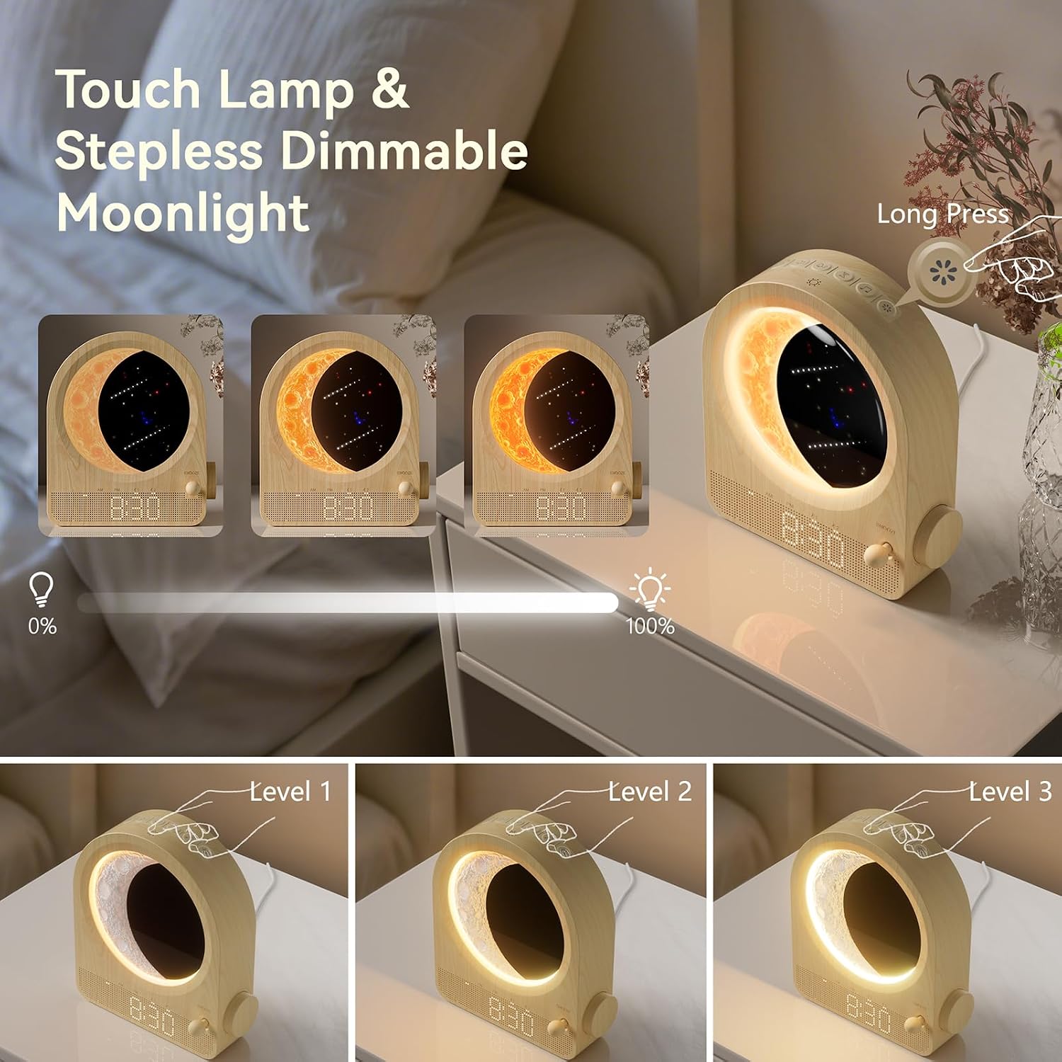blonbar Sunrise Alarm Clocks for Bedrooms, Stepless Dimmable Moon Lamp Dual Alarm Clock with 12Levels Volume for Heavy Sleepers, 10 Natural…