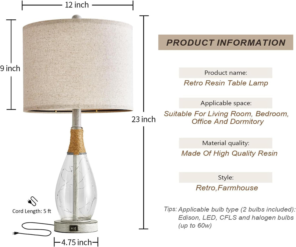 OYEARS 23" Table Lamps for Living Room Set of 2 Bedside Lamps for Night Stands Bedroom Lamps Farmhouse Rattan Boho Lamp Glass Nightlight…