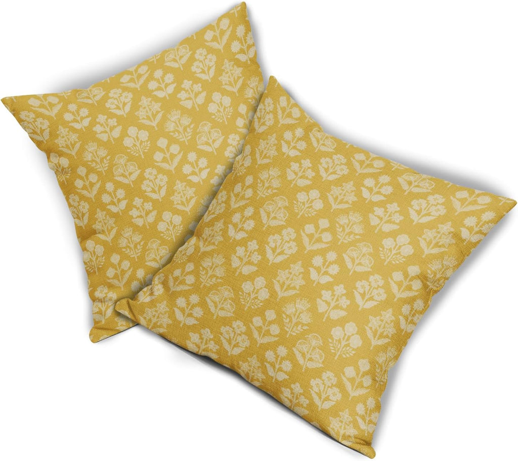 Yellow Floral Block Print Pillow Covers 16x16 Inch Set of 2, Vintage Flower Pattern Decorative Throw Pillowcases Outdoor Farmhouse…