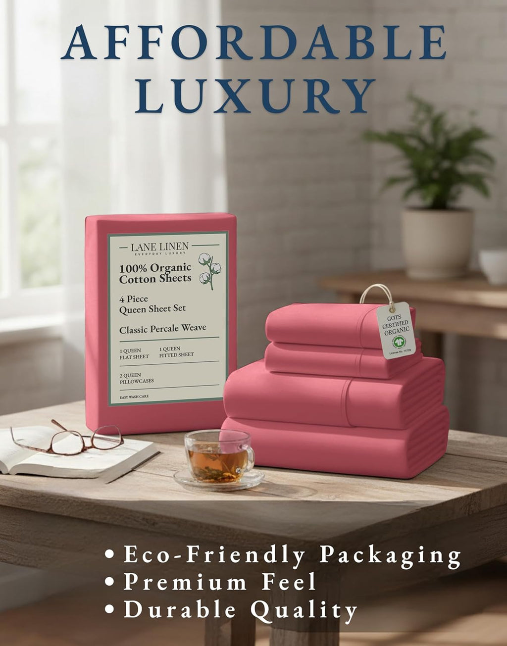 LaneLinen LANE LINEN 100% Organic Cotton Queen Sized Sheets, Fuly Elasticized Mercerized Low Pill Fade Resistant Percale Weave Bedsheets fo…
