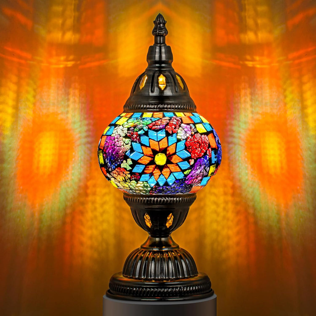 Marrakech Turkish Table Lamp with Bronze Base, Handmade Colorful Moroccan Tiffany Style Mosaic Glass Night Stand Light Fixture Including…