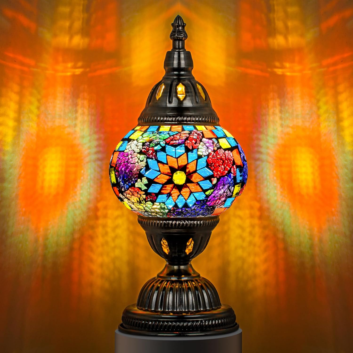 Marrakech Turkish Table Lamp with Bronze Base, Handmade Colorful Moroccan Tiffany Style Mosaic Glass Night Stand Light Fixture Including…