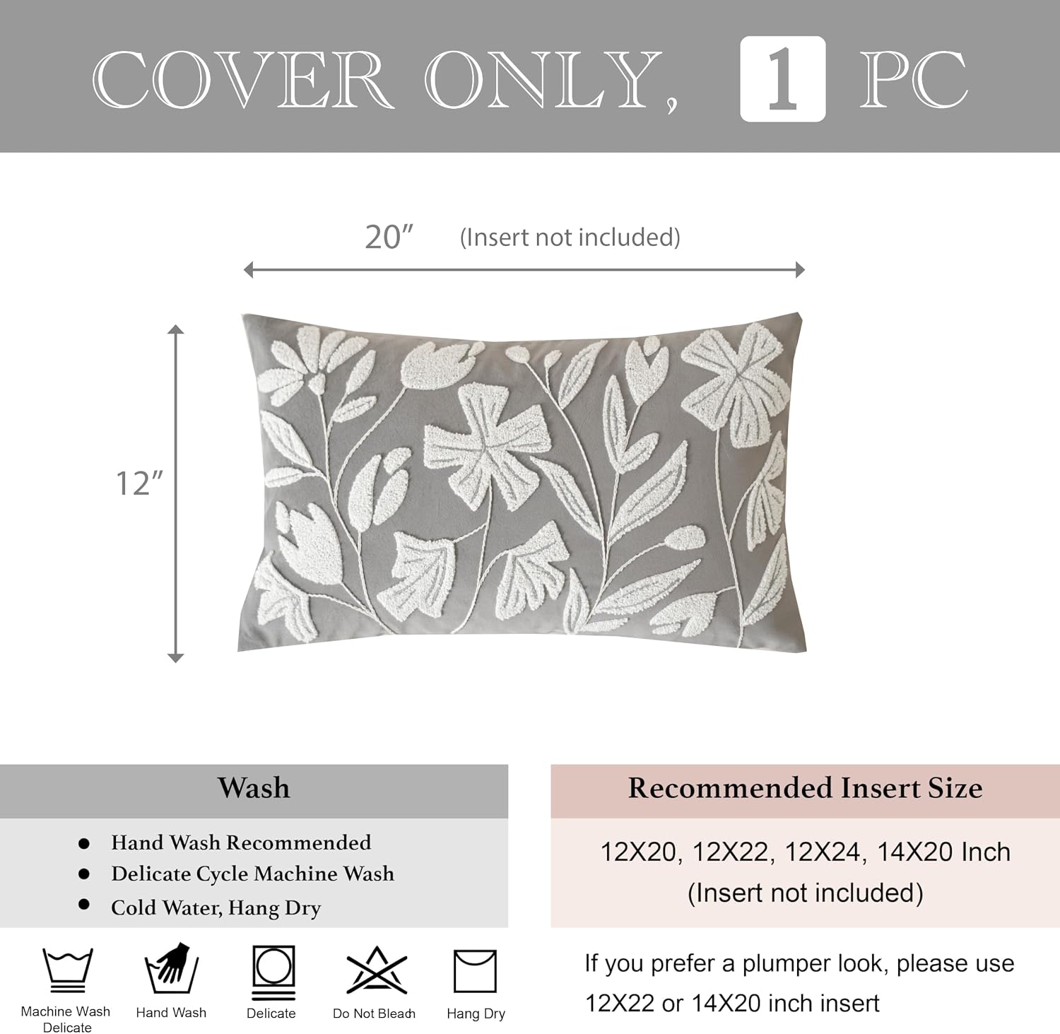 BlissBlush Gray Floral Lumbar Pillow Cover 12x20 Inch, Velvet Rectangle Throw Pillow Cover Soft Decorative Farmhouse Accent Couch Pillow…