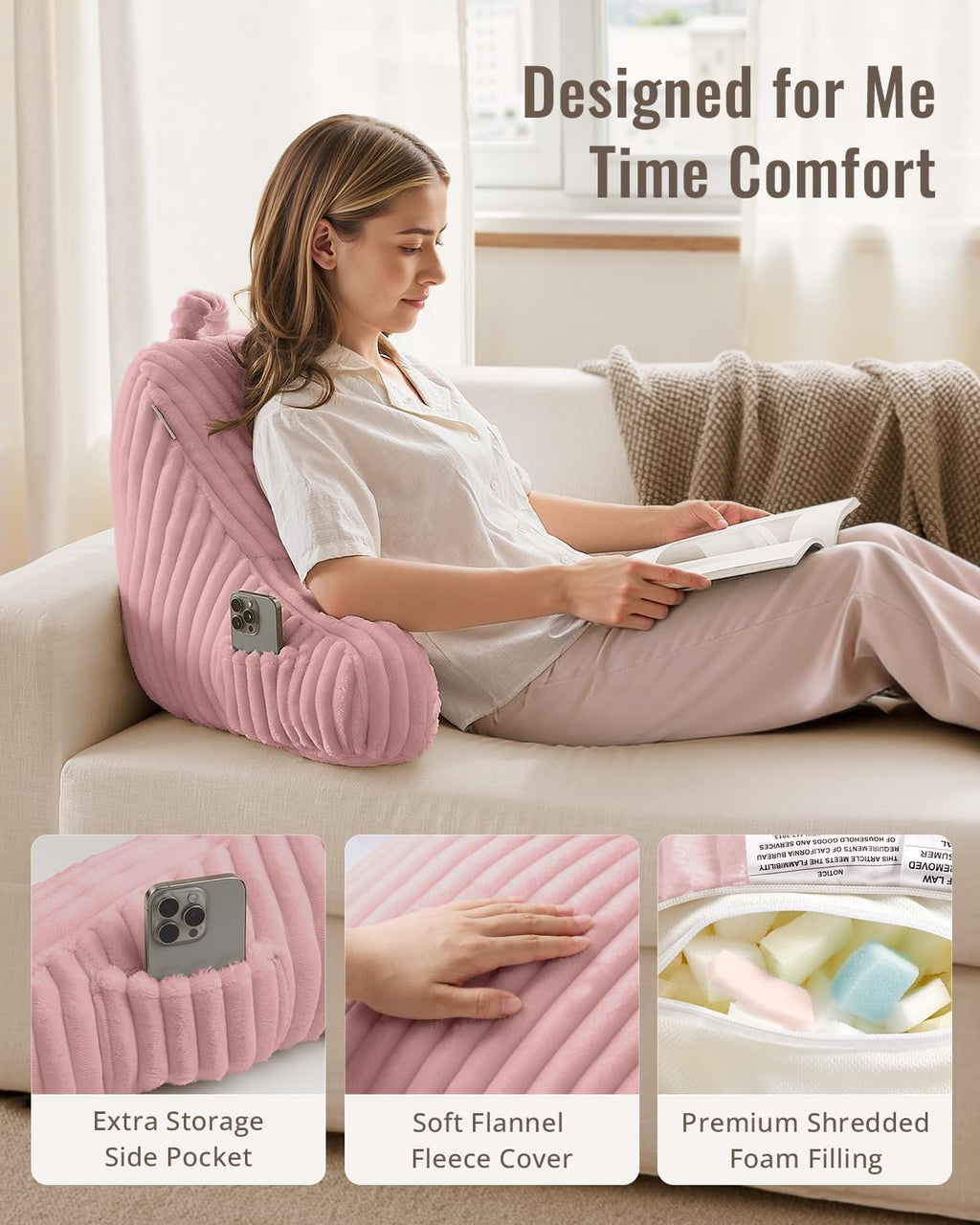 BlissfulDiary Blissful Diary Reading Pillow for Sitting in Bed, Flannel Back Pillow Bed Sitting Up for Adult & Children, Backrest Cushion f…