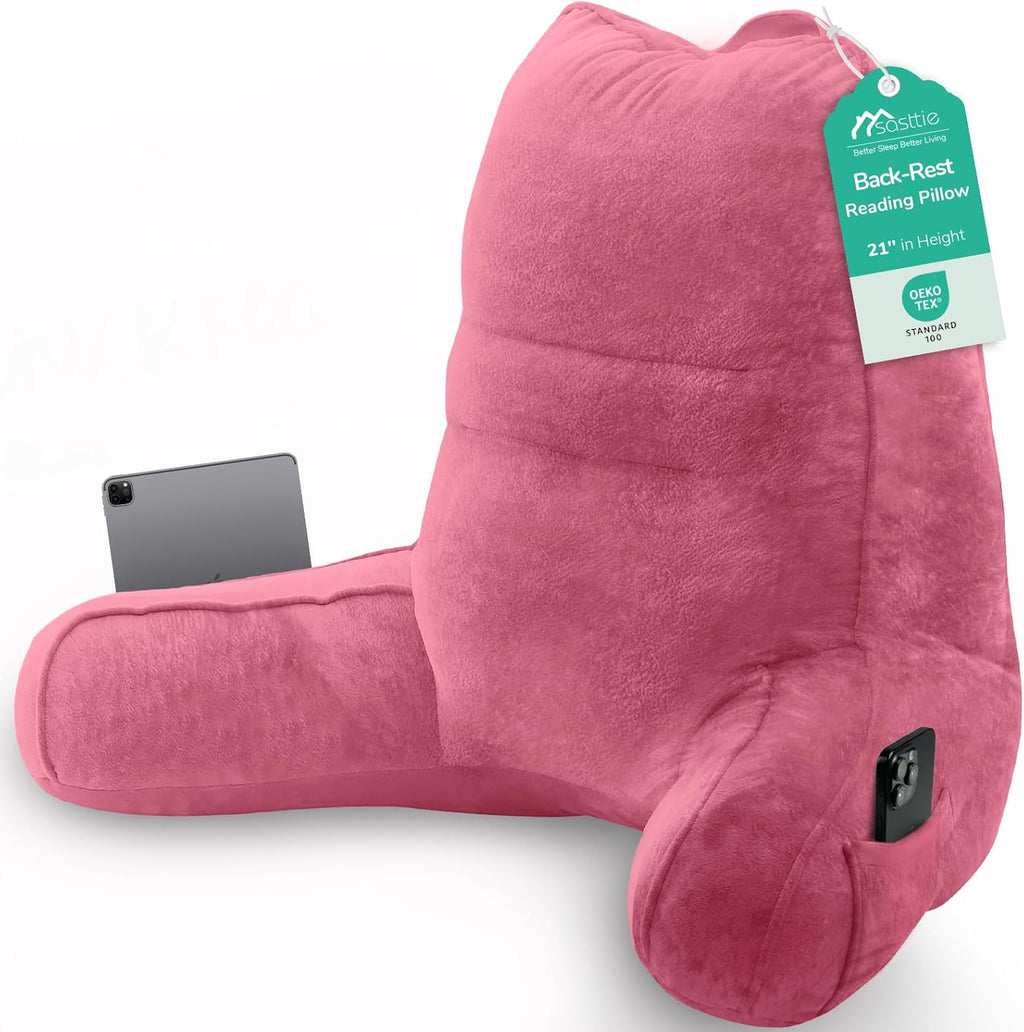 Sasttie Reading Pillow, Pillows for Reading or Relaxing – Ergonomic Support for Head, Neck, Back, and Lumbar, 21-Inch, Rose Pink Pink