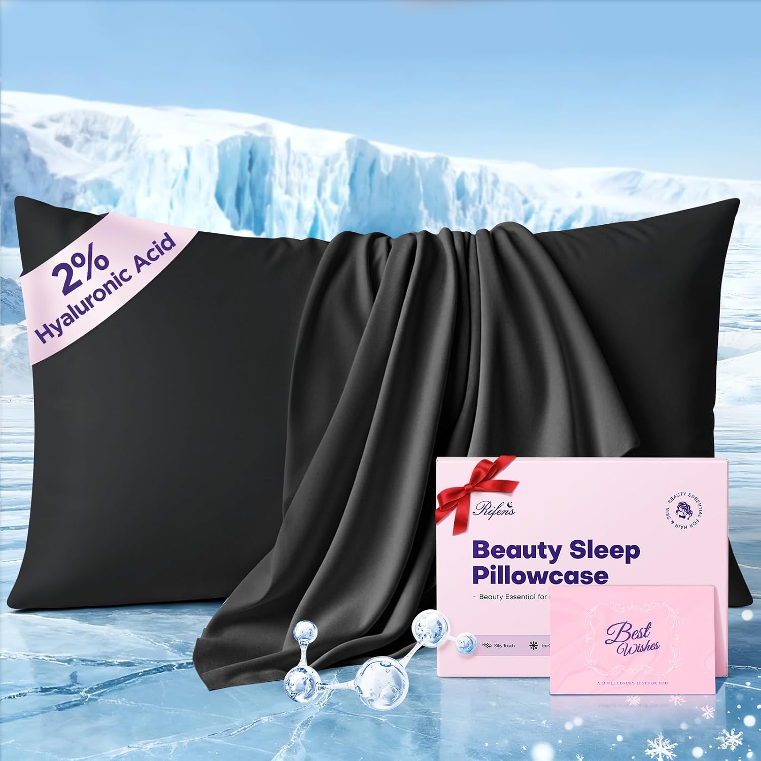 Rifens Instant Chill Cooling Pillowcase for Hot Sleepers, 2% HA Infused Pillowcase Hydrates Skin & Hair, Reduces Wrinkles & Frizz, Softer T…