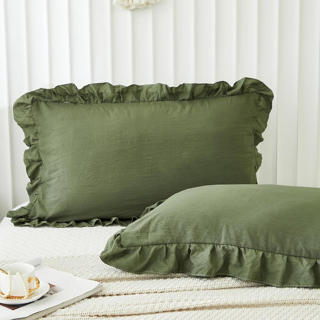 Merryword Olive Green Pillow Shams Standard Pillowcases 20x26inch Dark Green Ruffle Cute Pillow Cover Set of 2 Shabby Chic Soft Microfiber…