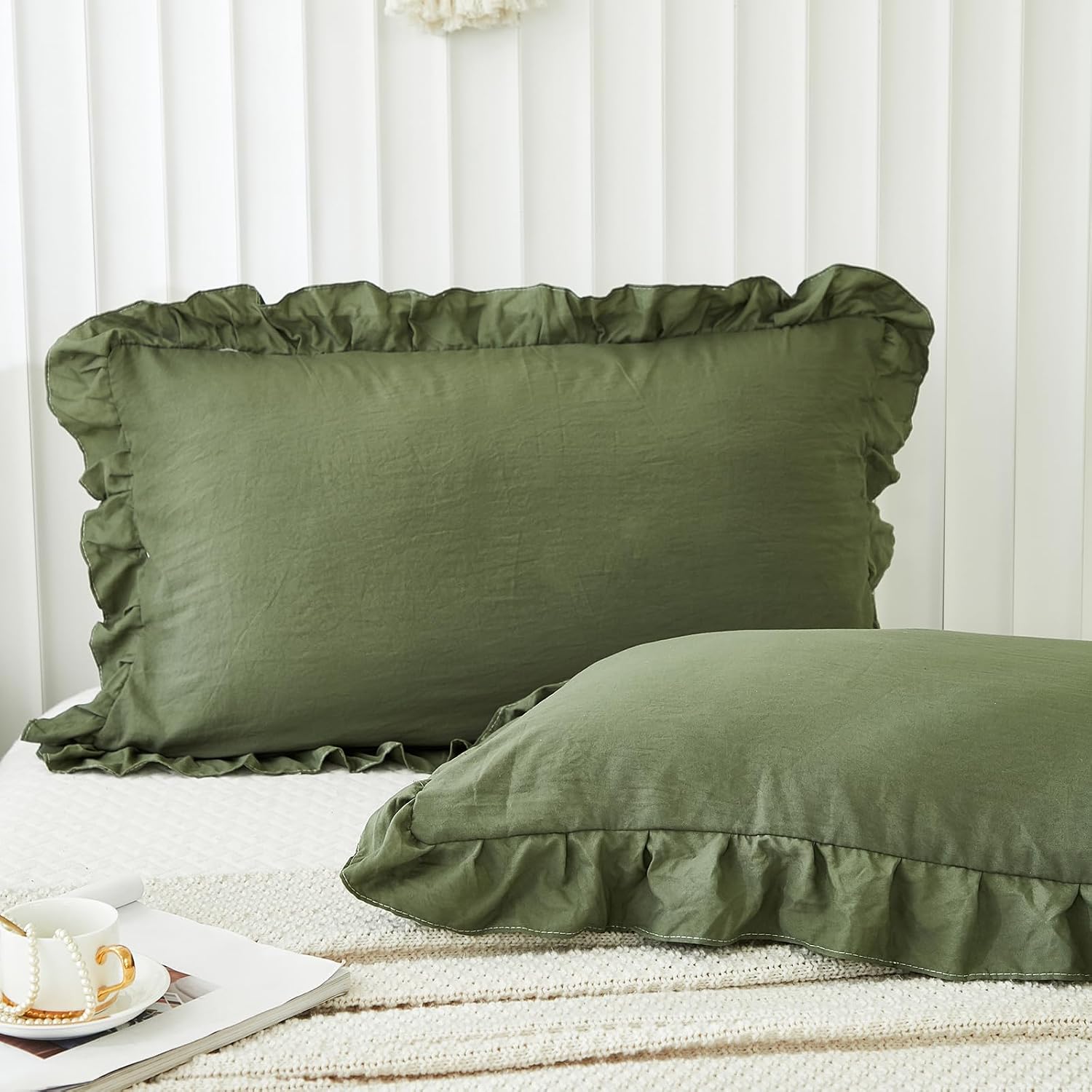 Merryword Olive Green Pillow Shams Standard Pillowcases 20x26inch Dark Green Ruffle Cute Pillow Cover Set of 2 Shabby Chic Soft Microfiber…