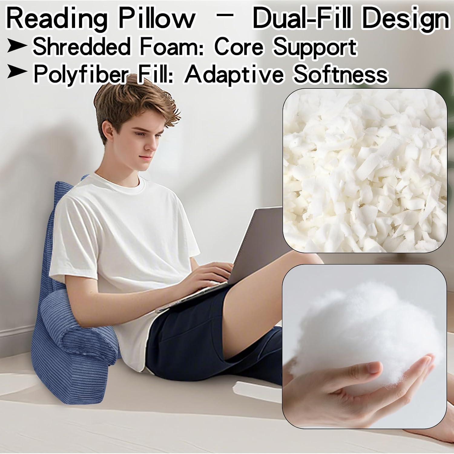 RRPAHWTV Reading Pillow for Bed with High Arm Rests, Back Support Pillow for Sitting Up in Bed with Shredded Memory Foam for Reading, TV…