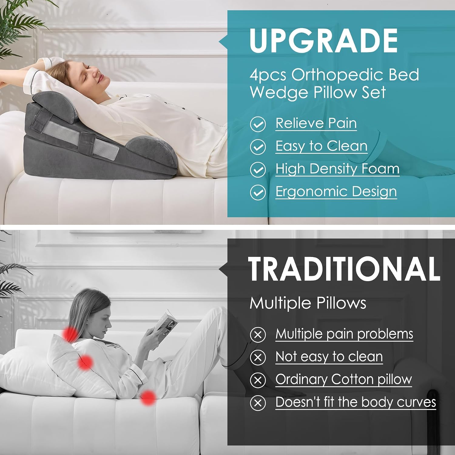 Wgakced 4Pcs Wedge Pillow Set for After Surgery, Acid Reflux Relief, Adjustable Bed Wedge Pillows for Sleeping, Anti Snore, Memory Foam Trian…
