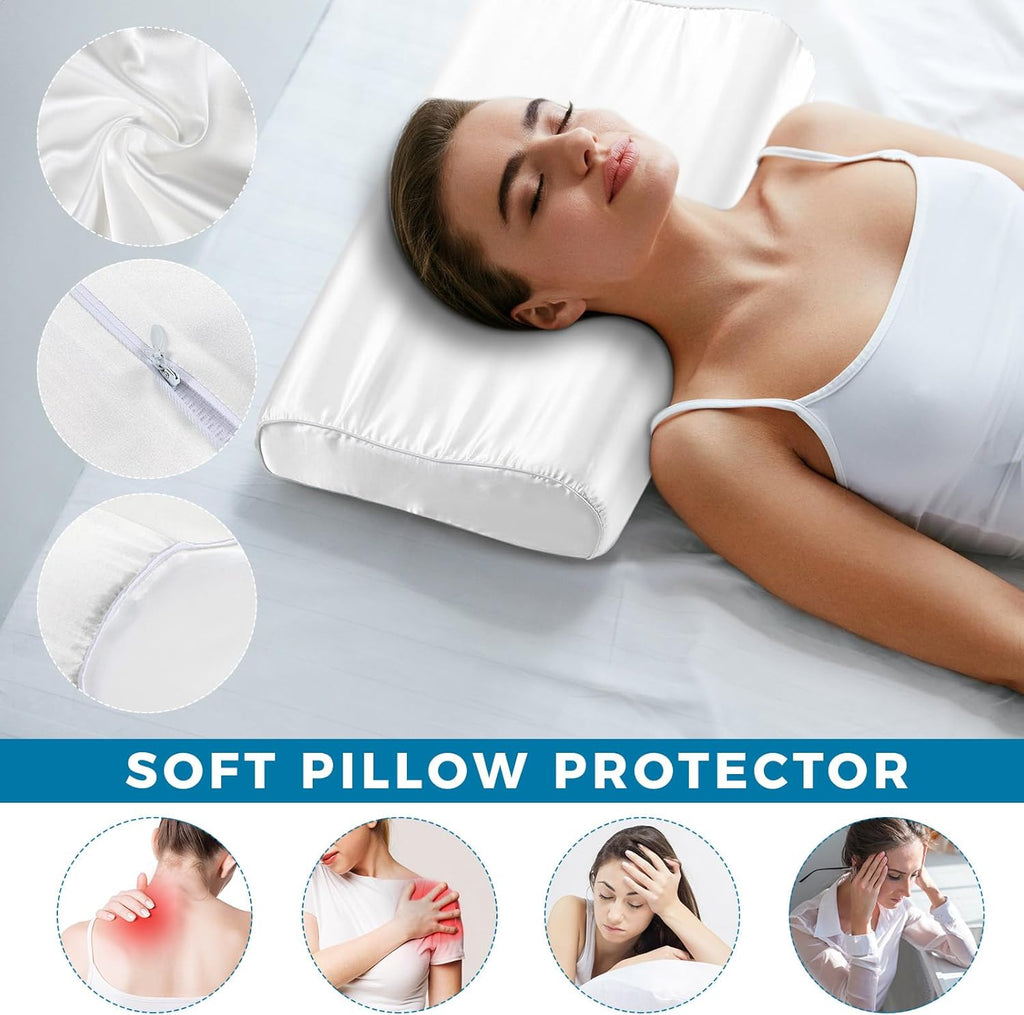 Breling 2 Pcs 20 x 12 in Imitated Silk Pillowcase for Memory Foam Neck Satin Pillow Case for Contoured Support Pillow Wave Shape, White 2 P…