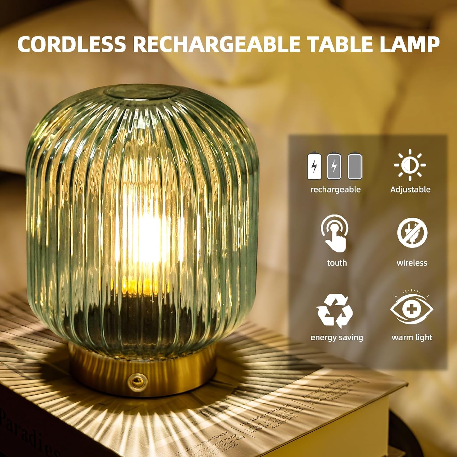 MJ PREMIER Rechargeable Table Lamp, Green Glass Lamp with Memory Function, Small Cordless LED Lamp with Dimmable Brightness, Decorative…