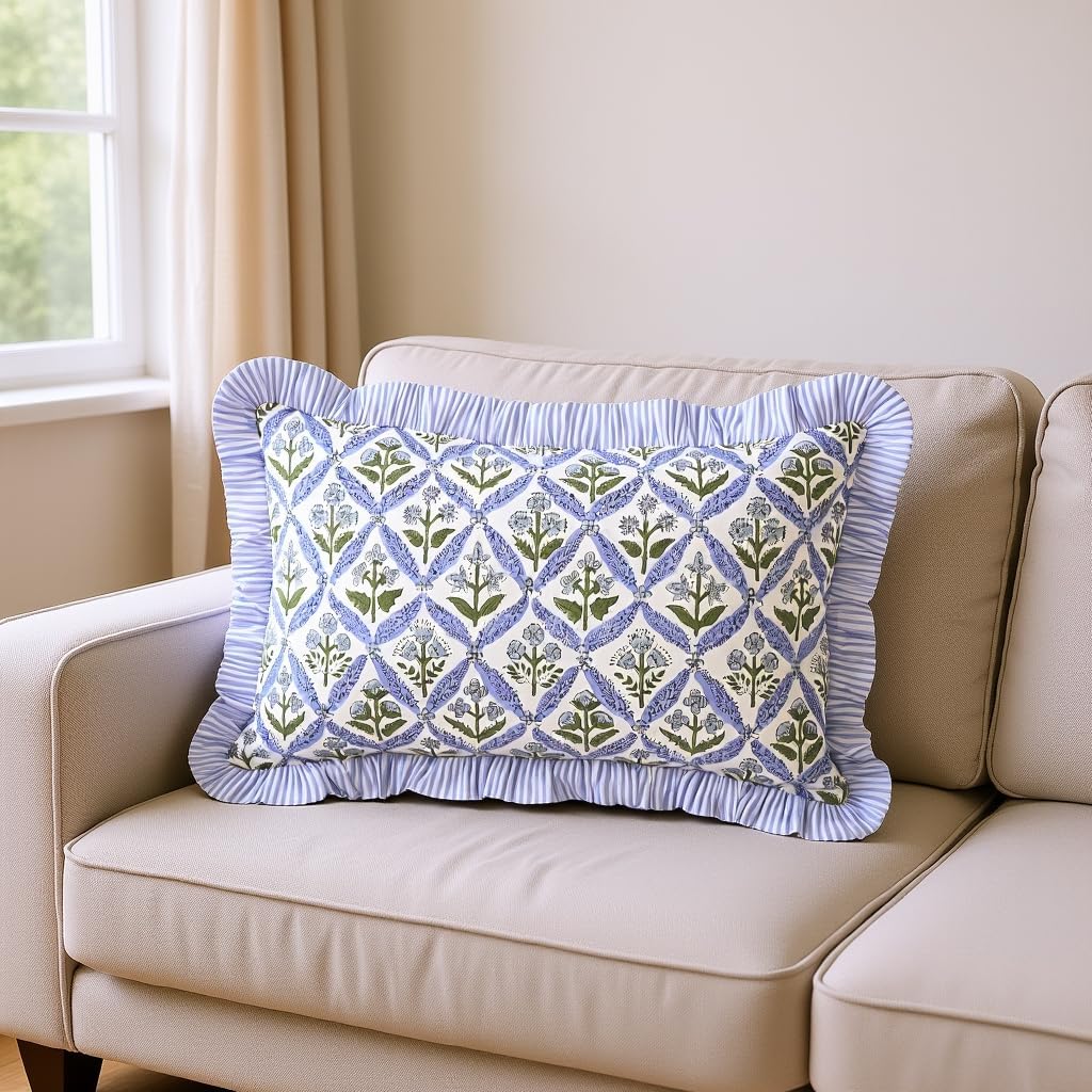 Ridhi Block Print Light Steel Blue 20"x12" Set 1-100% Cotton Ruffle Lumbar Sham Cover Boho Floral Pillowcase, Farmhouse Cottagecore…
