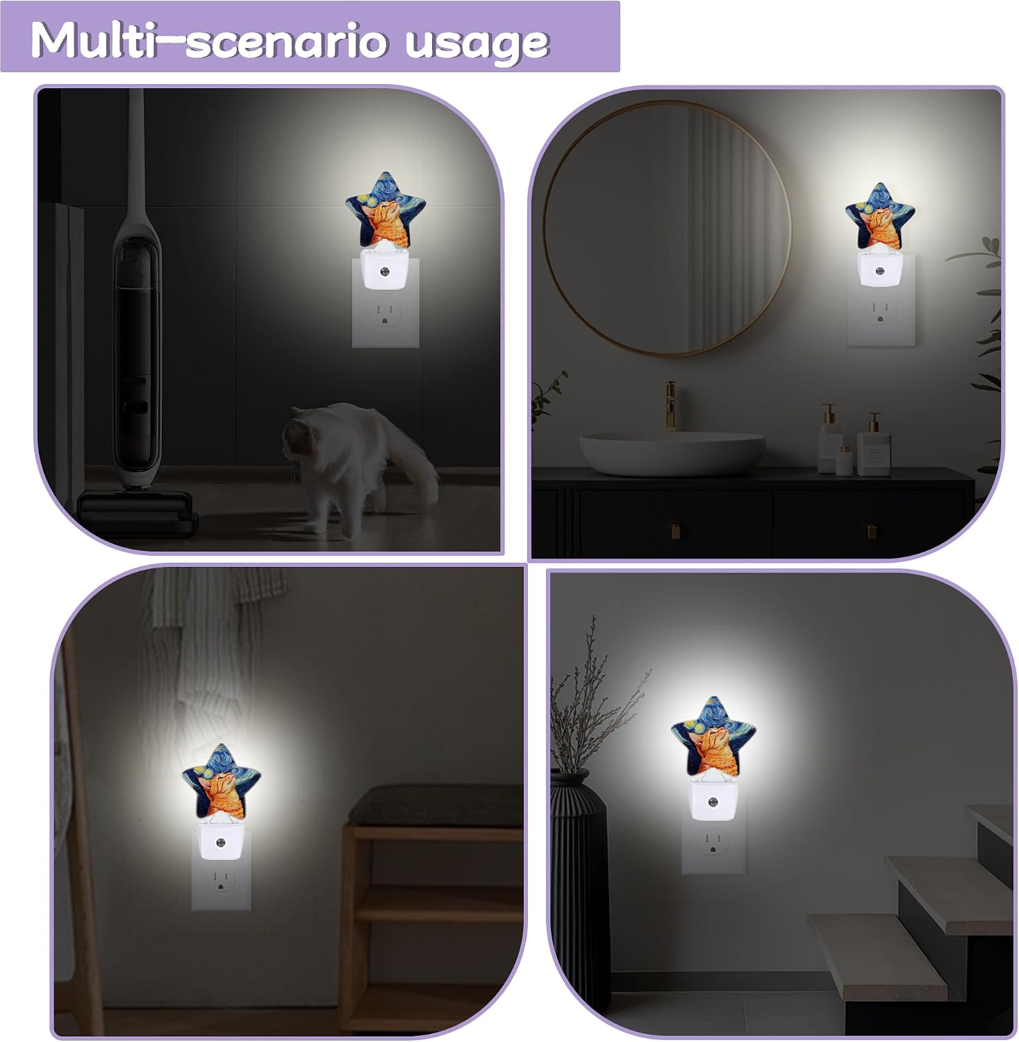 Cat Starry Night Night Lights Plug Into Wall Decorative, Oil Painting Nightlight with Dusk Sensor for Bathroom, Kitchen, Entryway, Room…