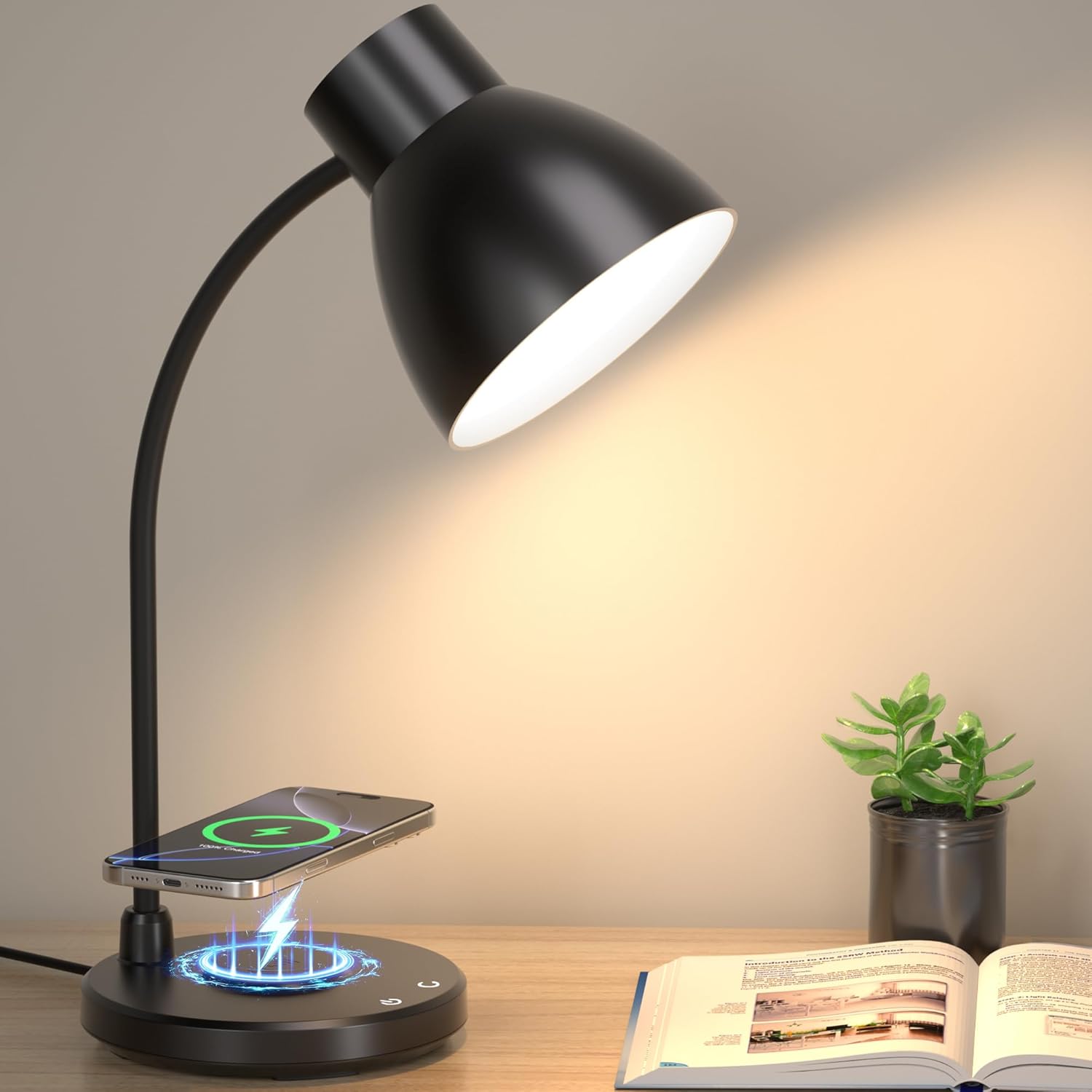 Desk Lamps for Home Office - LED Desk Lamp with Wireless Charger, 3 Color Modes Dimmable Eye-Caring Study Reading Desk Light, Small…