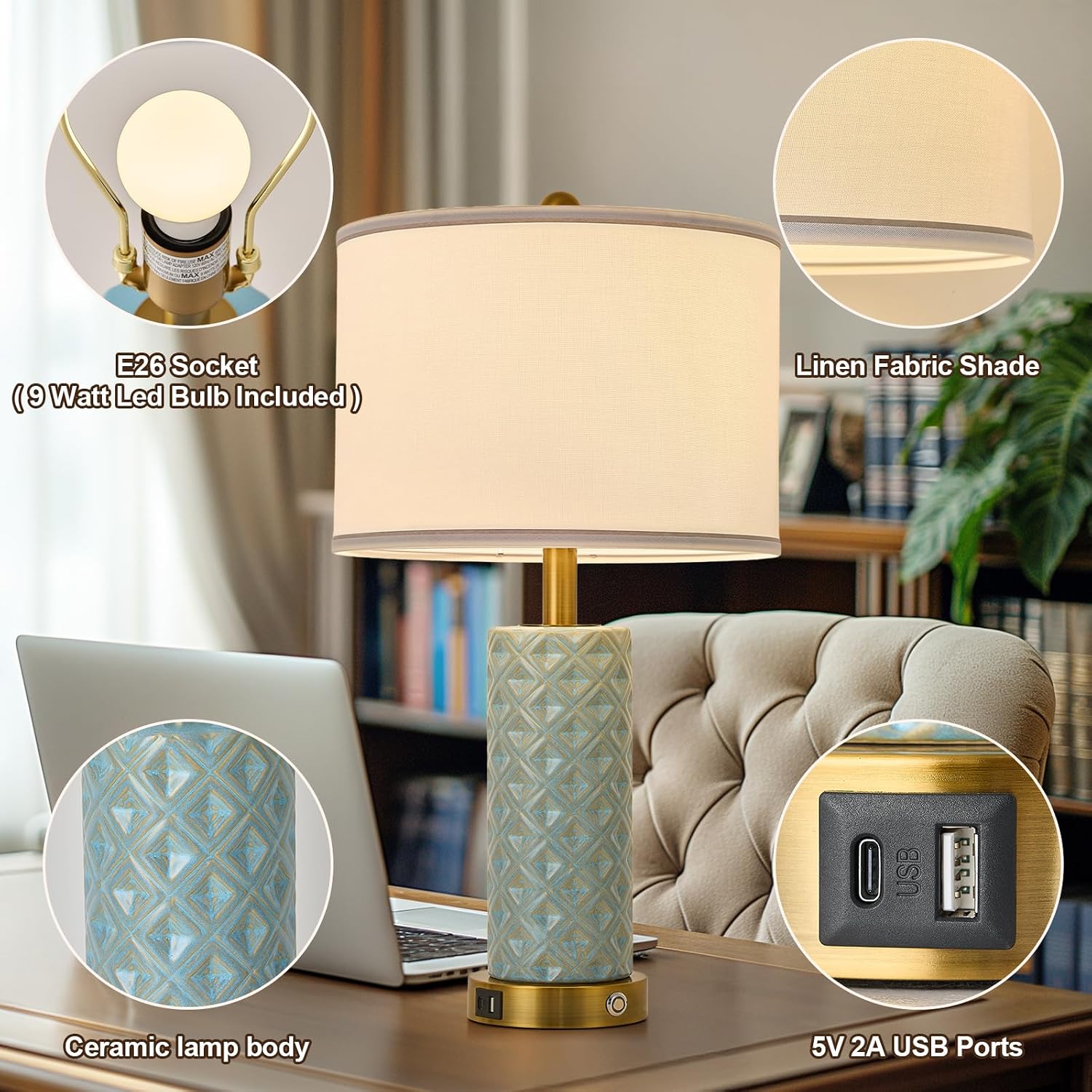 Set of 2 Table Lamp for Living Room Bedroom Farmhouse,26'' Touch Control Bedroom Spa Blue Ceramic Lamps 3-Way Dimmable Bedside Lamps with…