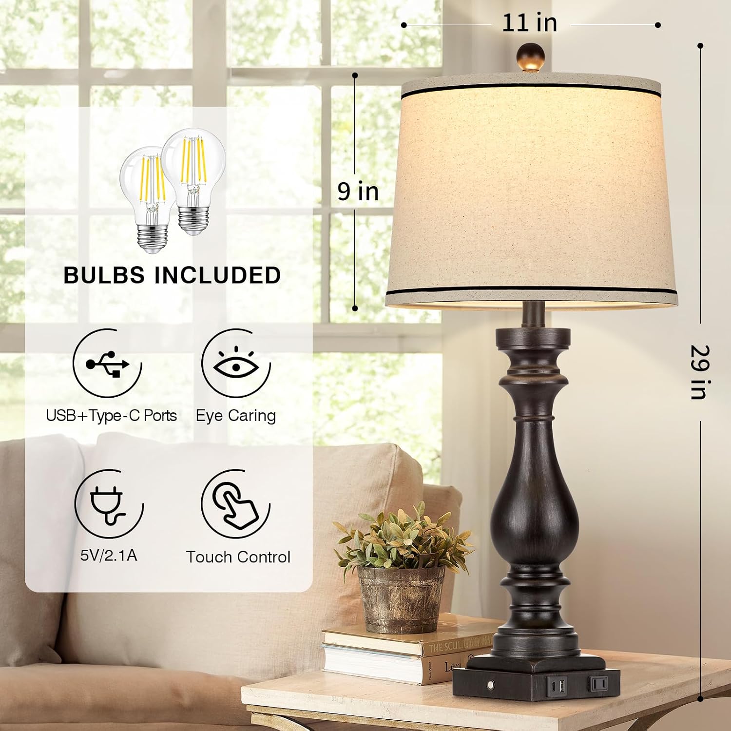 Cinkeda 29" Tall Table Lamp for Living Room Set of 2, Farmhouse Vintage Bedside Nightstand Lamps with USB C+A Ports & AC Outlet,3-Way…