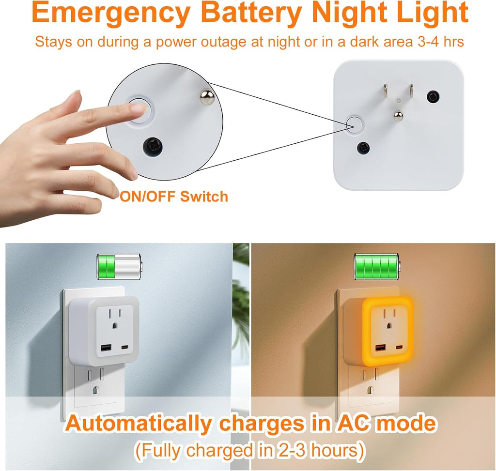 JackonLux Night Lights Plug Into Wall 2 Pack Rechargeable Battery Backup Light Dusk to Dawn Sensor Night Light with Outlet Expander for…
