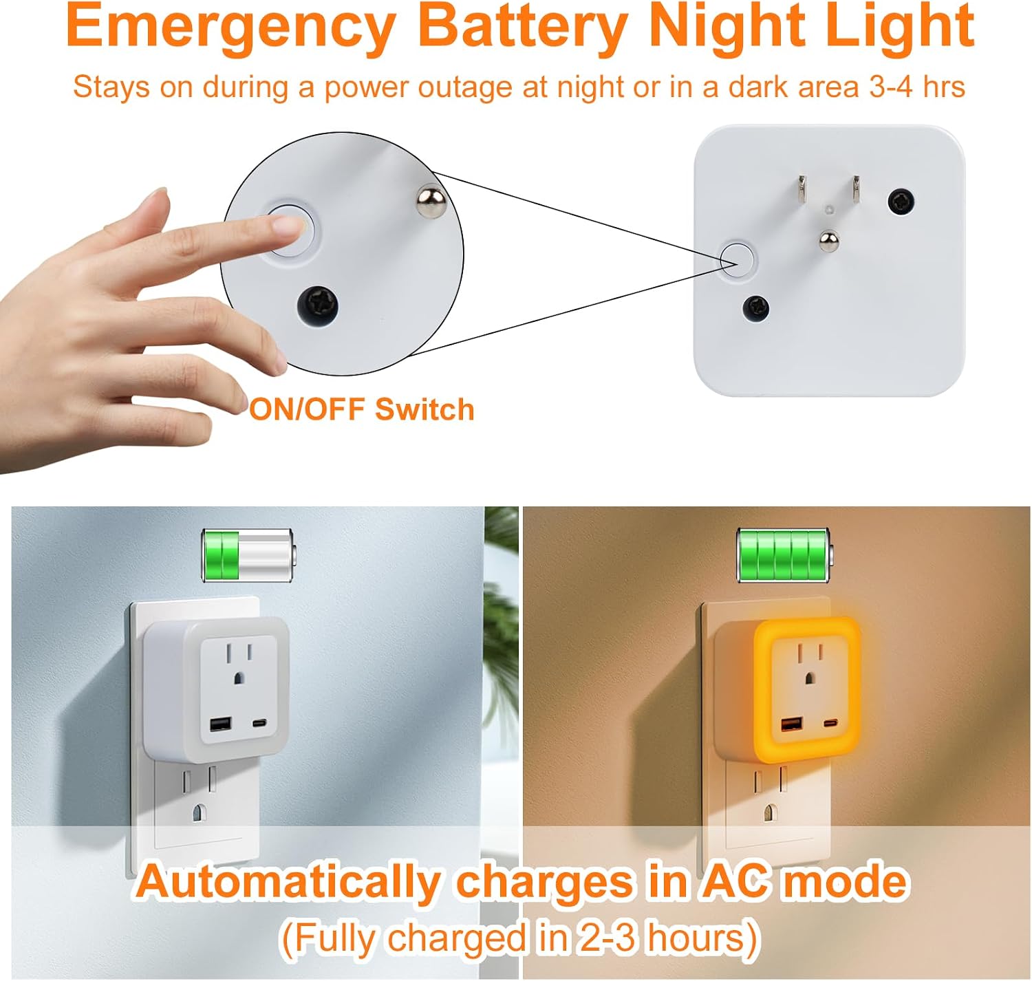 JackonLux Night Lights Plug Into Wall 2 Pack Rechargeable Battery Backup Light Dusk to Dawn Sensor Night Light with Outlet Expander for…