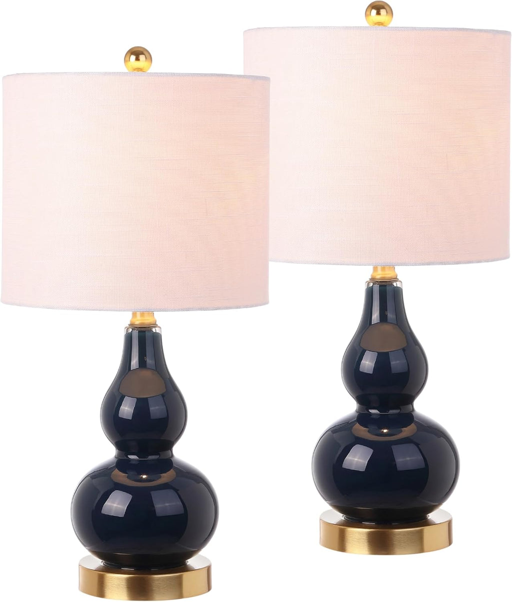 JONATHAN Y 20.5" Navy Glass Table Lamp, Modern Gourd Bedside Nightstand Lamp for Bedroom, Living Room, White Linen Shade, LED Bulb…