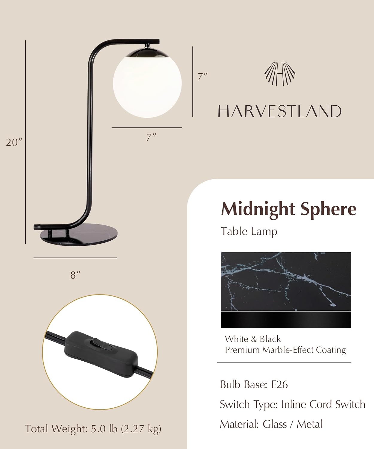Harvestland Midnight Sphere 20” Bedside Lamp – Globe Table Lamp & Modern Table Lamps for Living Room, Nightstand Lamp, Side Table Lamp for…