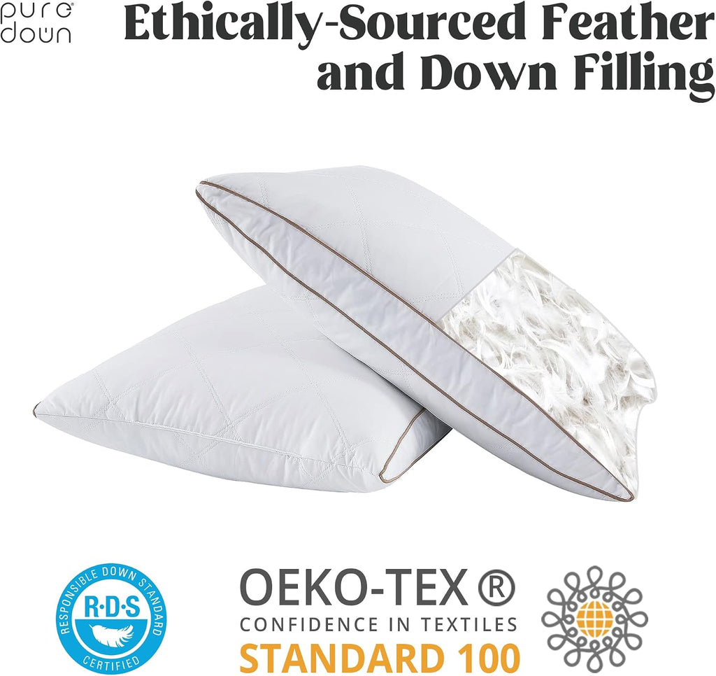 puredown® Natural Goose Down Feather Pillows for Sleeping Oval Gusseted Down Feather Pillow 100% Cotton Pillow Cover with Leaf Quilting…