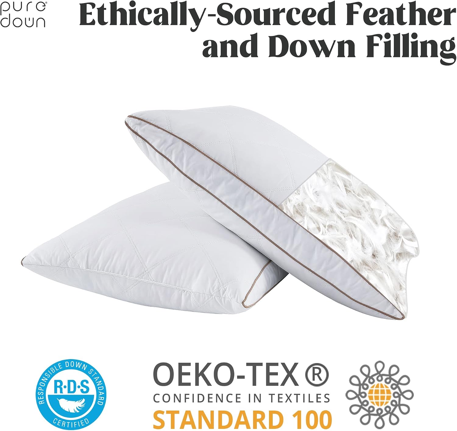 puredown® Natural Goose Down Feather Pillows for Sleeping Oval Gusseted Down Feather Pillow 100% Cotton Pillow Cover with Leaf Quilting…