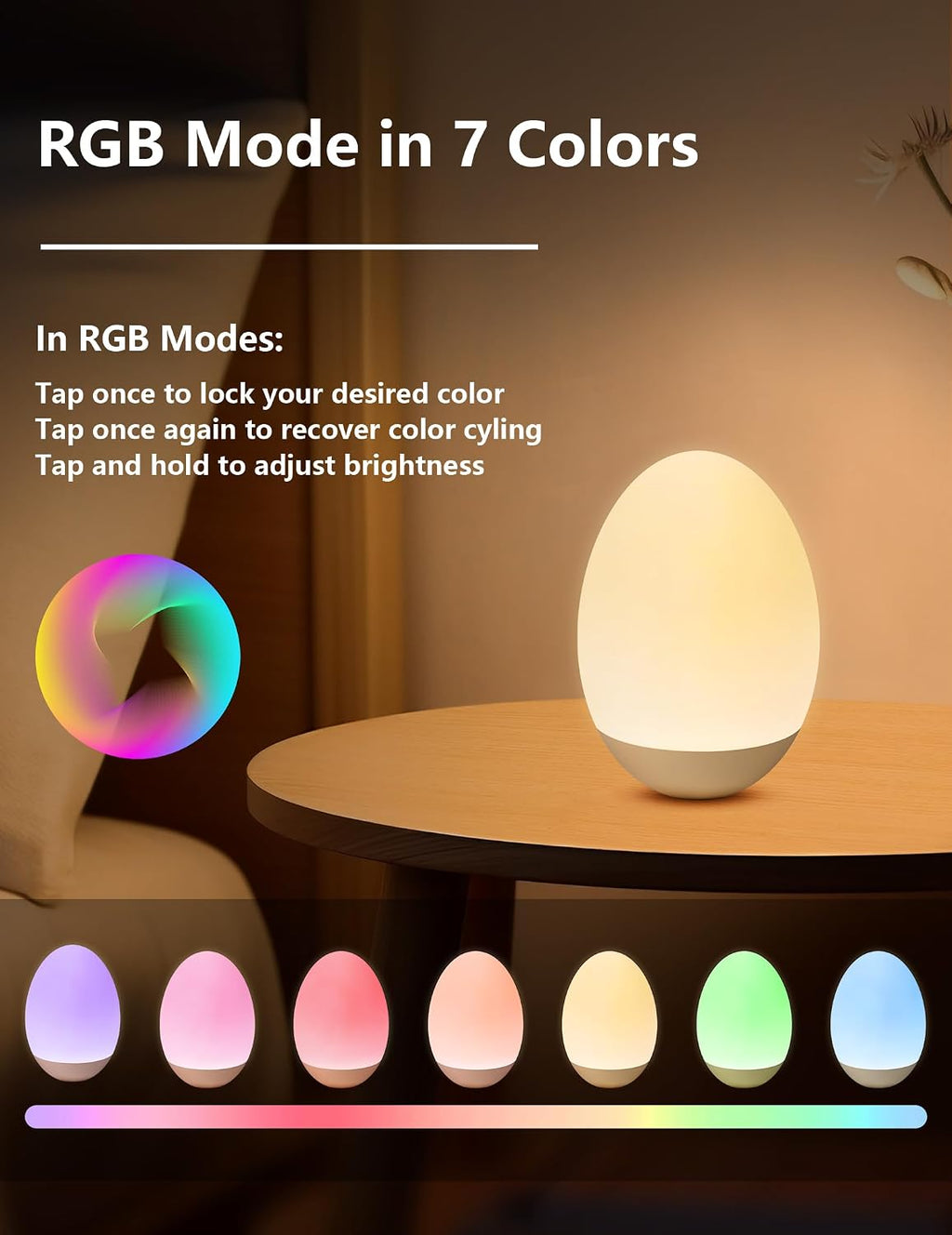 Nickluc Egg Night Light for Nursery: Baby Night Lights Tap Lamp Stepless Dimming with Warm White and 7 RGB Colors Rechargeable Portable for…