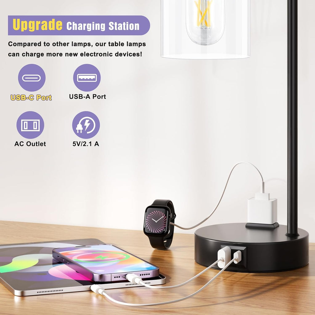 Industrial Touch Table Lamps for Bedrooms Set of 2 - 3-Way Dimmable Nightstand Lamps with USB C+A Ports and Outlet, Black Bedside Lamps…