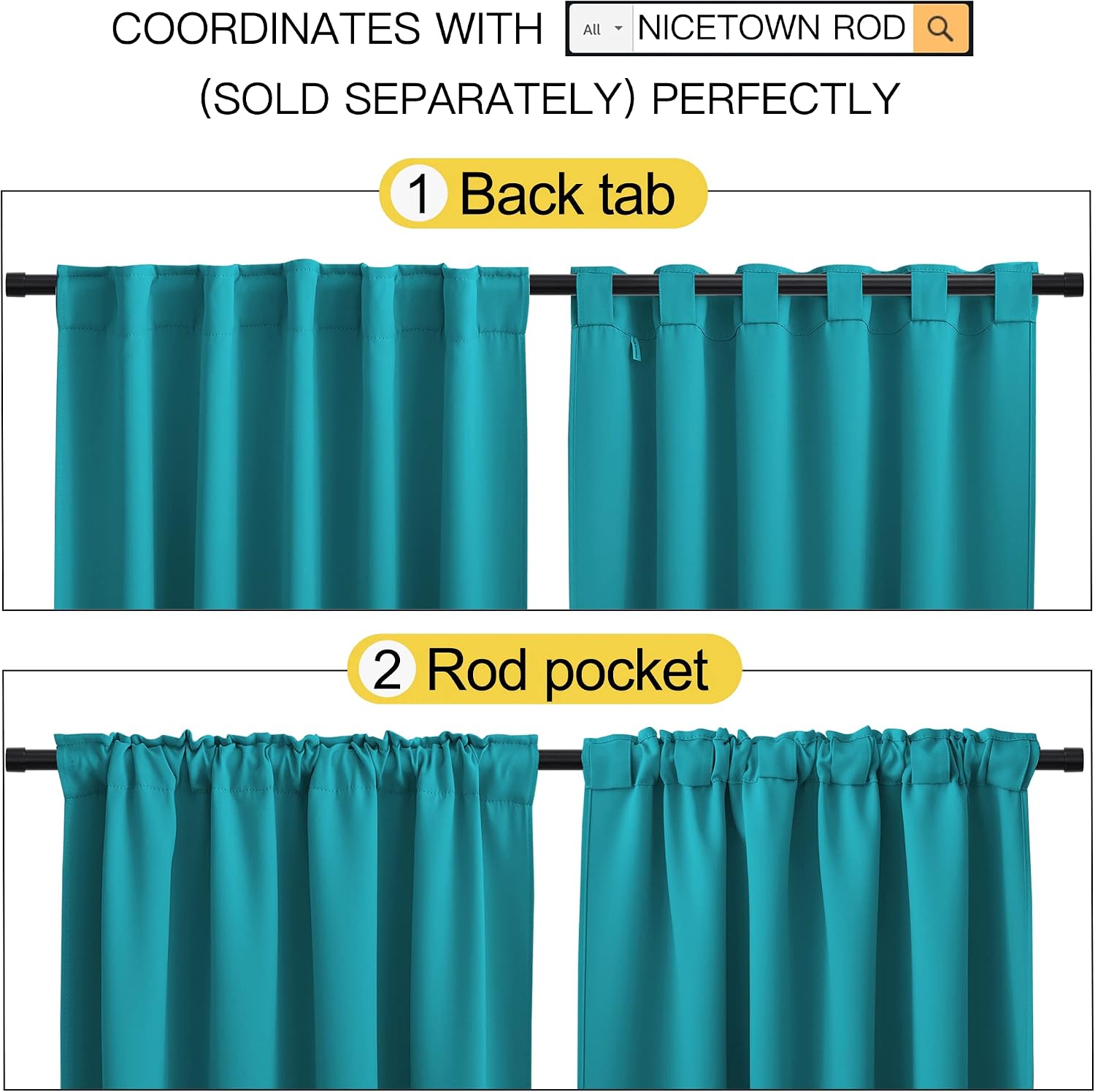 Nicetown Living Room Curtain Panels - (Peacock Teal Color) W52 x L108, 2 PCs, Back Tab/Rod Pocket Room Darkening Window Treatment Draperies…