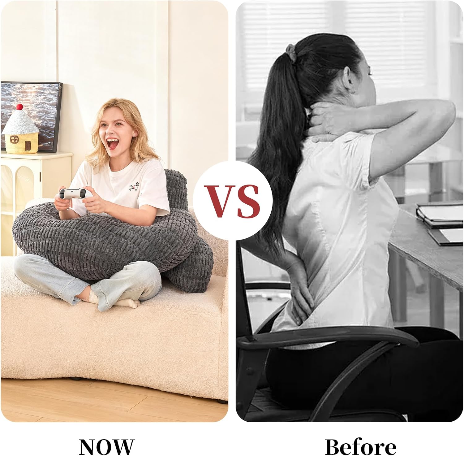Pajeo 19" Corduroy Reading Pillow for Bed, Durable Striped Backrest Cushion with Lumbar Support & Arms, Firm Support Ergonomic Lounger for Ba…