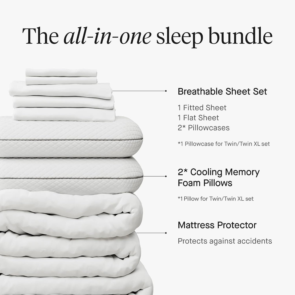 Resident Sleep Bundle - 2 Cooling Pillows, Sheet Set, & Mattress Protector - Full - Breathable Memory Foam Pillows - Fitted Sheet - Flat…