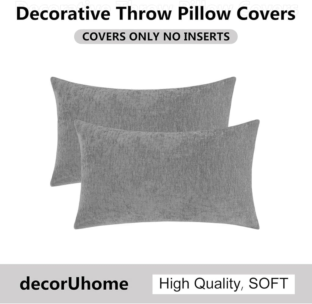 decorUhome Chenille Dark Grey Throw Pillow Covers 12x20 Inch Set of 2, Decorative Soft Couch Pillow Covers Solid Dyed Accent Velvet Farmhou…