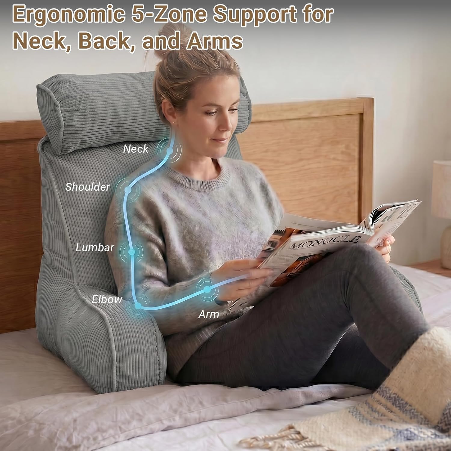 Reading Pillow for Bed with Detachable Neck Roll and Shredded Memory Foam, Back Pillow with Arms for Sitting Up, Washable Bed Rest Pillow…