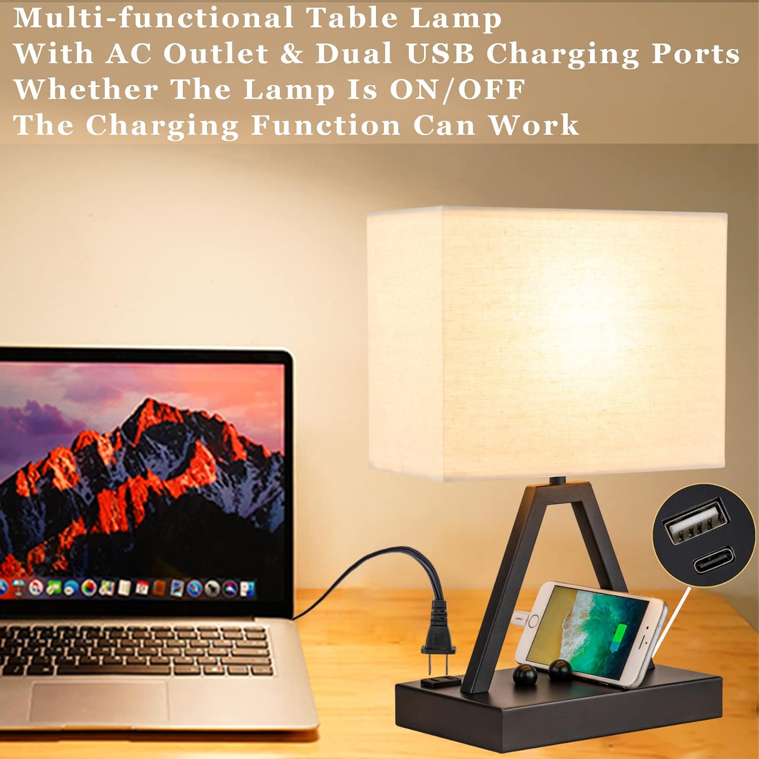 Briever Touch Control Table Lamp, 3-Way Dimmable Desk Lamp with USB C & USB A and AC Outlet, Bedside Lamps with Phone Stands for Bedroom, L…