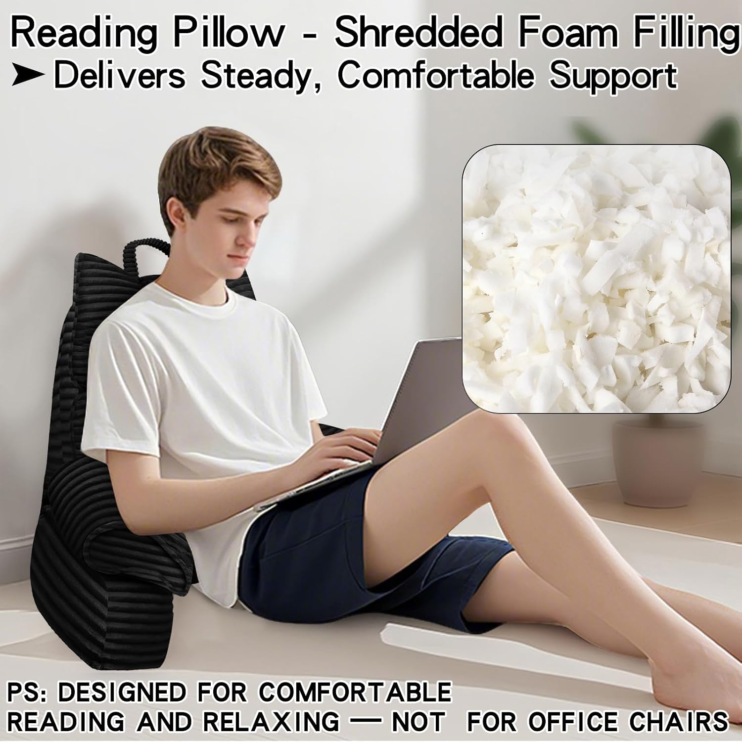 RRPAHWTV Reading Pillow for Bed with High Arm Rests, Back Support Pillow for Sitting Up in Bed with Shredded Memory Foam for Reading, TV…