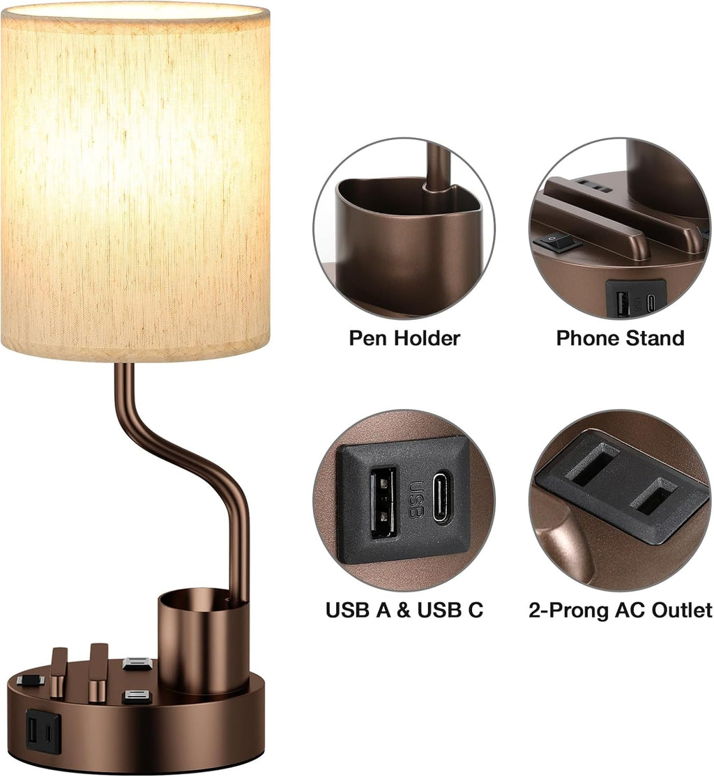Bedside Table Lamps for Bedroom Set of 2 - Nightstand Lamp with AC Outlet Charging Port and USB A C, 3 Color Temperatures, Included Phone…