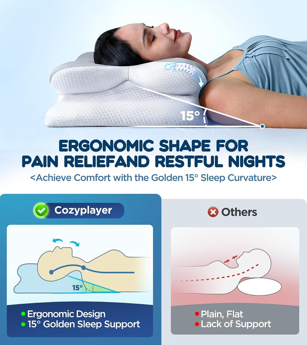 Cozyplayer Effective Cervical Neck Pillow for Sleeping, Ergonomic Cooling Side Sleeper Pillow for Neck Support, Orthopedic Contour Memory F…