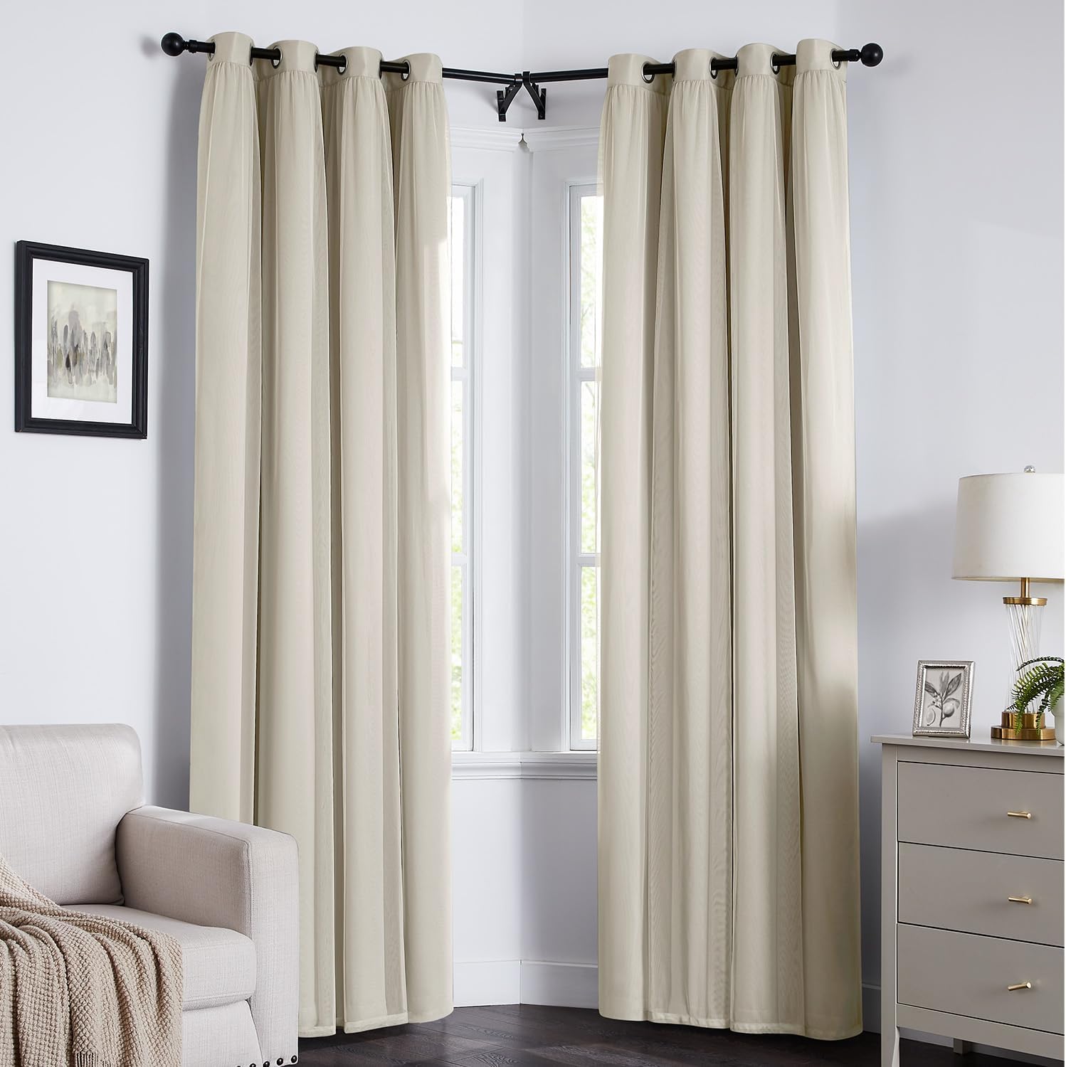 Swandream 100% Blackout Curtains for Bedroom, Double Layer Ivory Curtains, Black Out Curtain 63 inch Long with Sheer Overlay for Living Roo…