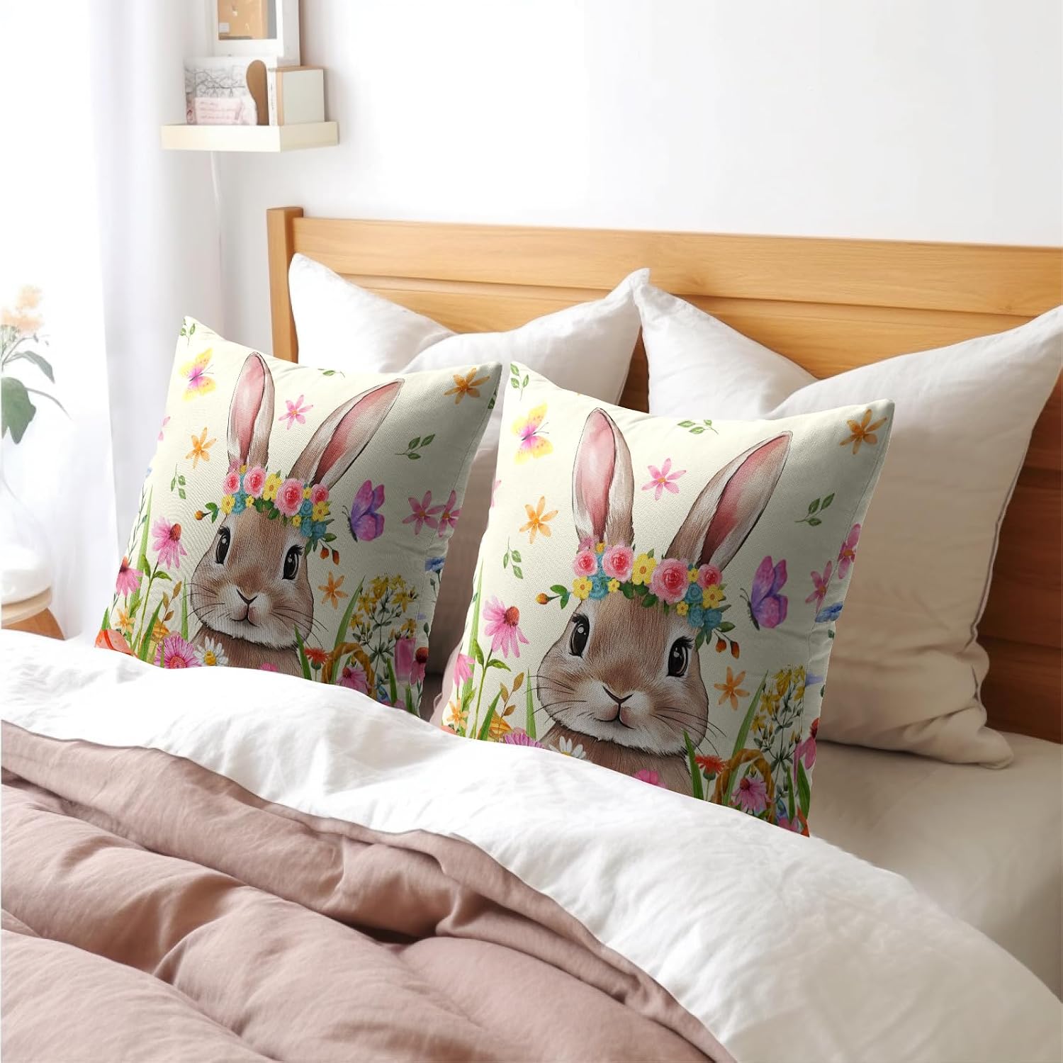 Easter Rabbit Throw Pillow Covers 16x16 Inch Set of 2 Cute Bunny Cotton Linen Square Cushion Case Spring Colorful Floral Easter Theme…