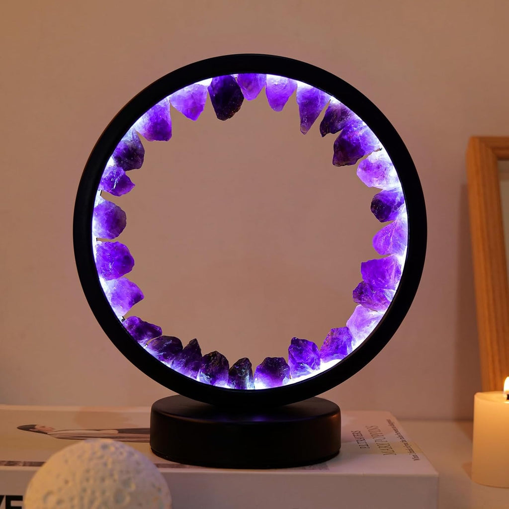 Runyangshi Amethyst Night Lamp 8.6" Natural Healing Crystal Bedside Lamp USB Port 3 Colours Dimming Mode Bedroom Lamp Suitable Night…