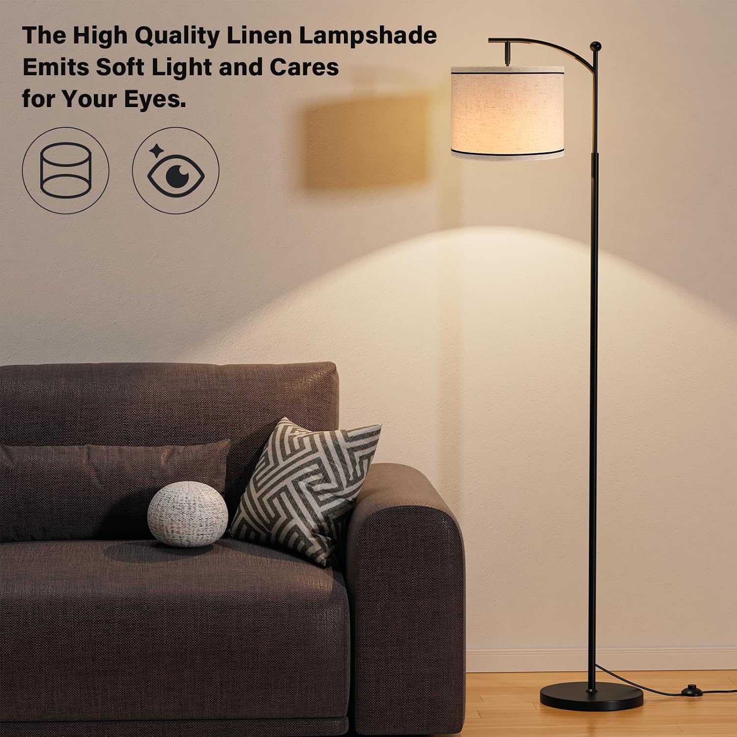 Ambimall 60" Floor Lamp for Living Room with 3 Color Temperatures, Beige Lampshade with Black Stripes, Tall Lamp for Bedroom Office, 9W…
