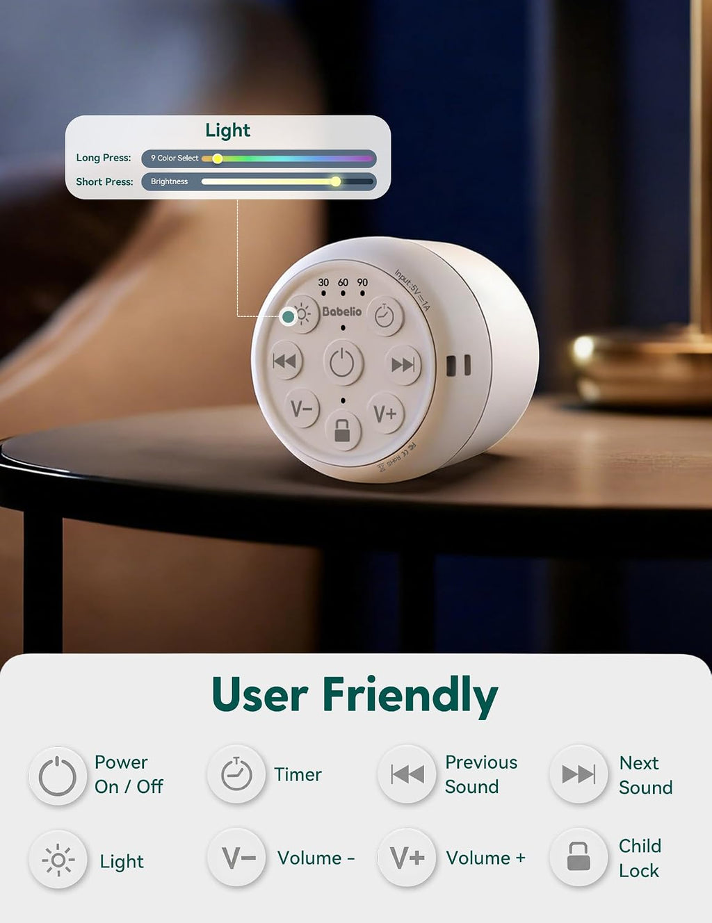 Babelio Pocket Glow White Noise Sound Machine - Upgraded 9 Color Night Lights, 20 Non-Looping Sounds, Timer & Memory Function, Portable for…