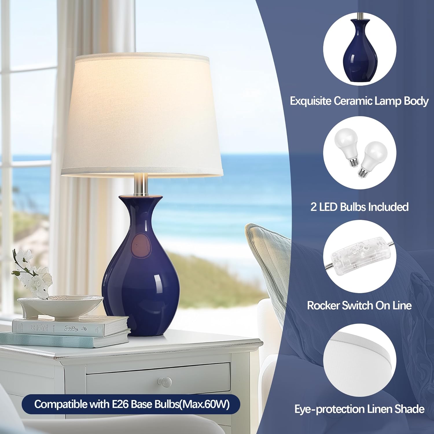 PARTPHONER Table Lamp Set of 2, Modern Ceramic Bedside Lamps for Night Stands, Classic Small Lamp Nightstand Lamp for Bedroom Living Room…