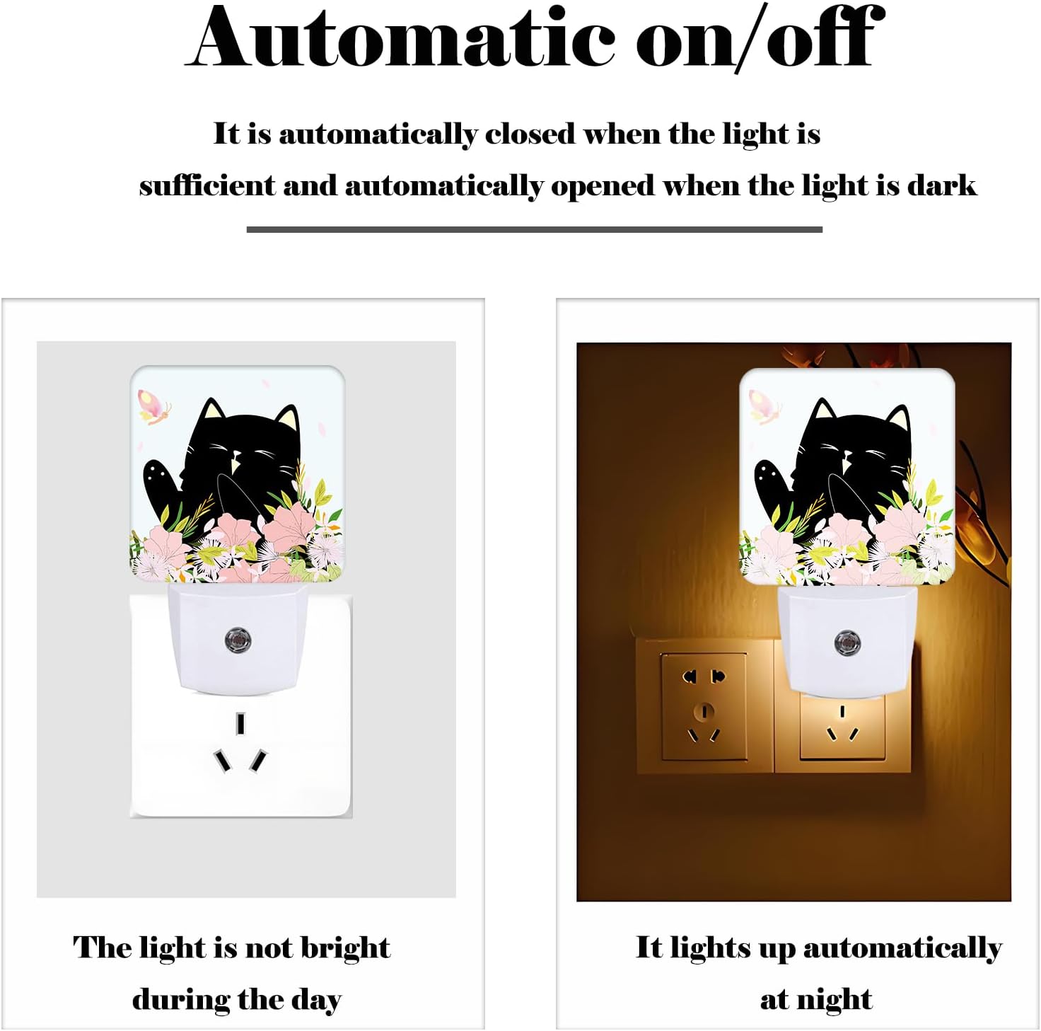 Black Cat and Flowers Night Light, Plug Into Wall for Boys Girls Bedroom Decorative Square Night Light Lamp 0.5w Sleep Friendly