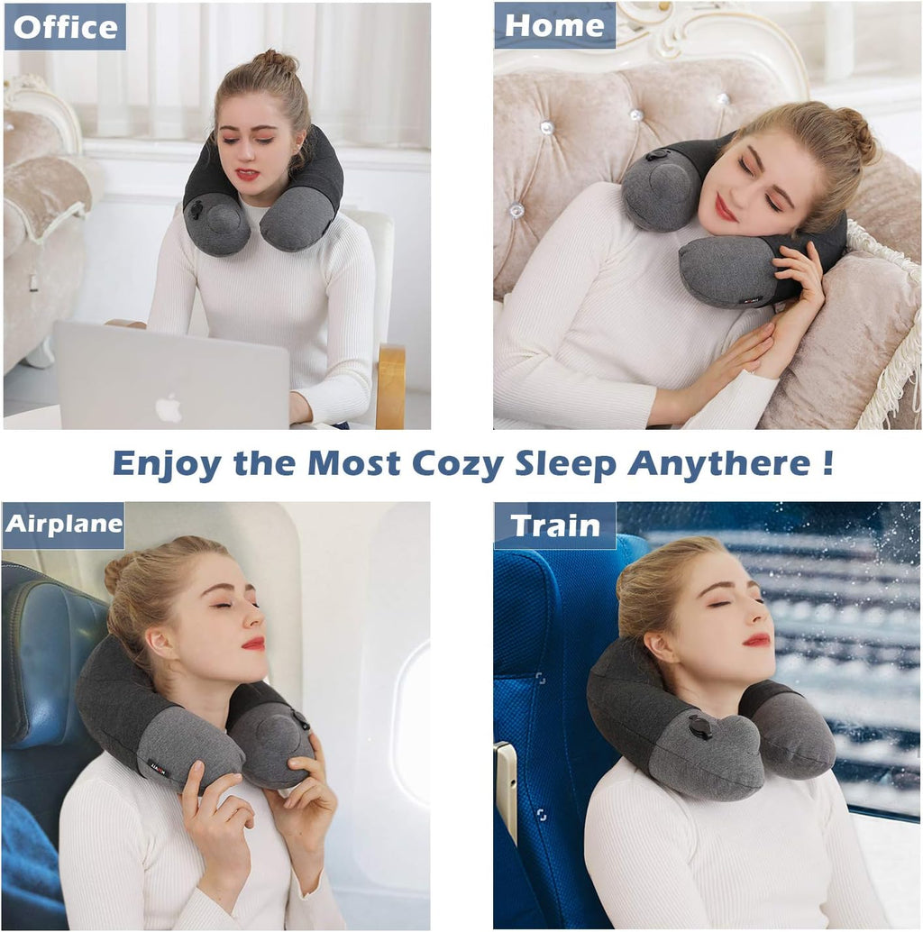 Keemall Inflatable Travel Neck Pillow, Airplane Neck Pillow for Long Flight Sleeping, Soft 100% Cotton Travel Pillow for Plane Head Rest…