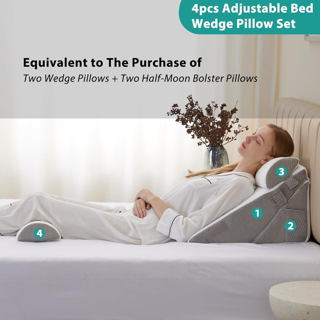 Bedluxe Adjustable 4pcs Bed Wedge Pillow Set, Memory Foam Wedge Pillows Post Surgery for Back, Neck, Leg, Pillow Wedge for Sleeping, Sitti…