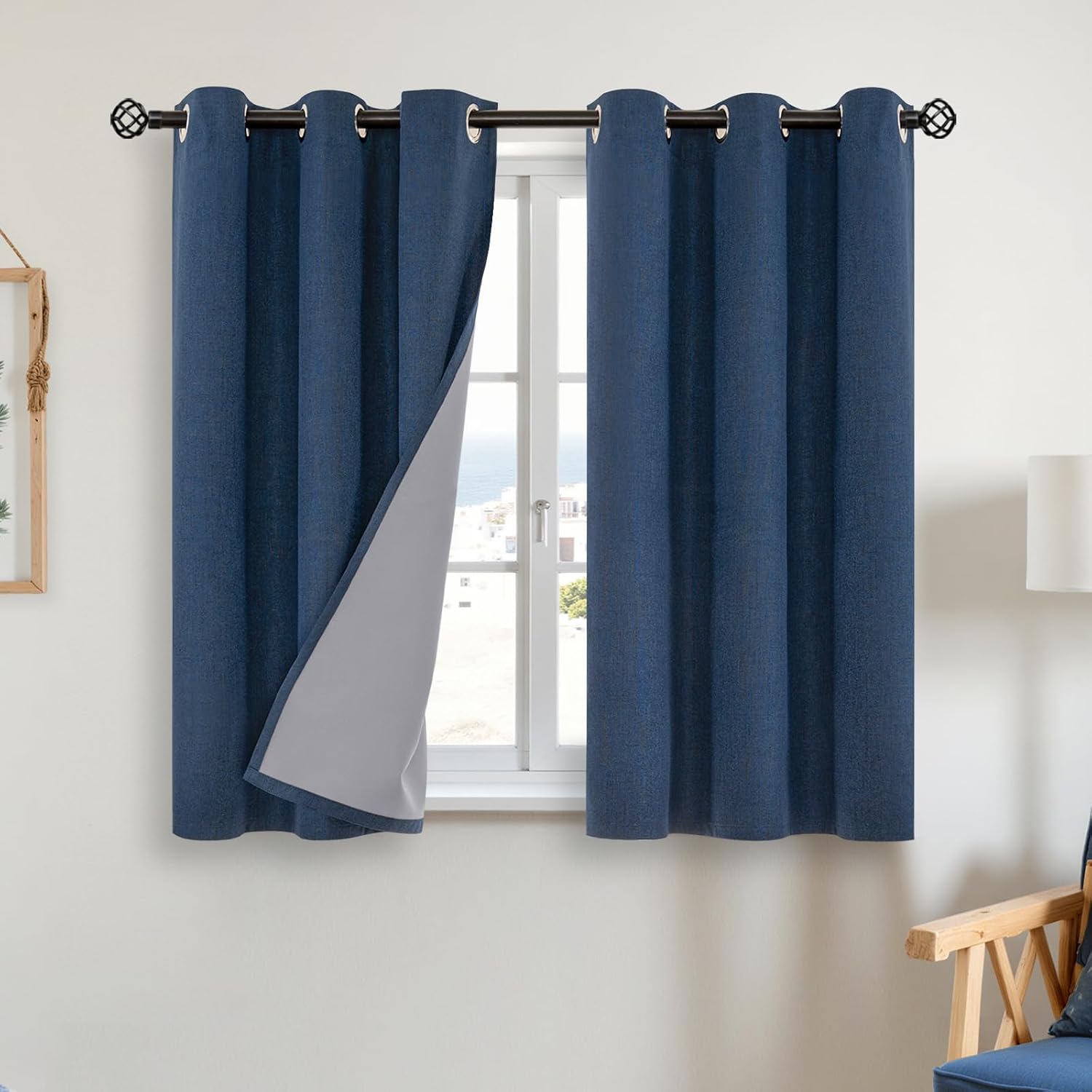 YoungsTex Navy Blue Linen Blackout Curtains 40 Inches Long for Bedroom, Short Thermal Insulated Drapes with Grommet Privacy for Living Room…