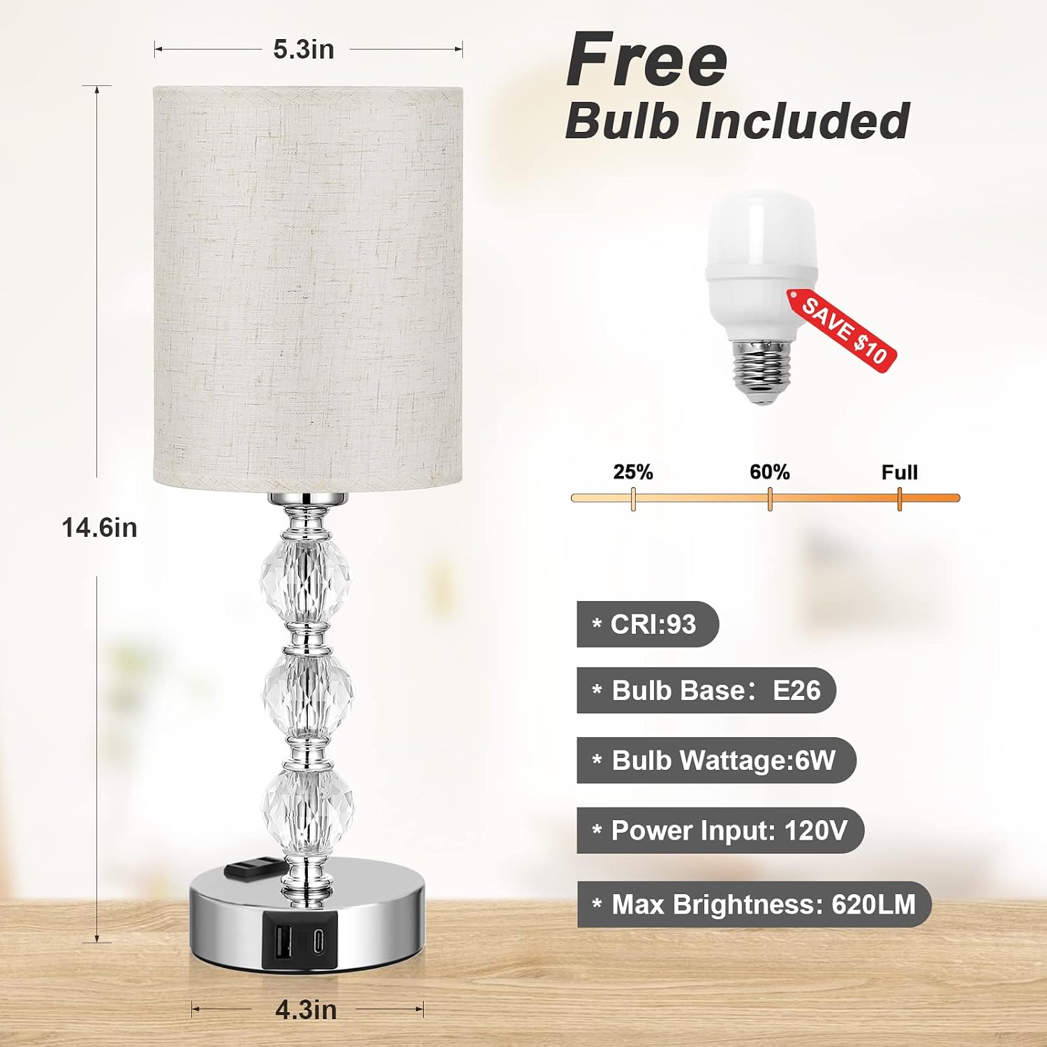 White Touch Bedside Lamps for Bedrooms - Crystal Table Lamp with USB C+A Charging Port and AC Outlet Nightstand, 3 Way Dimmable Silver…